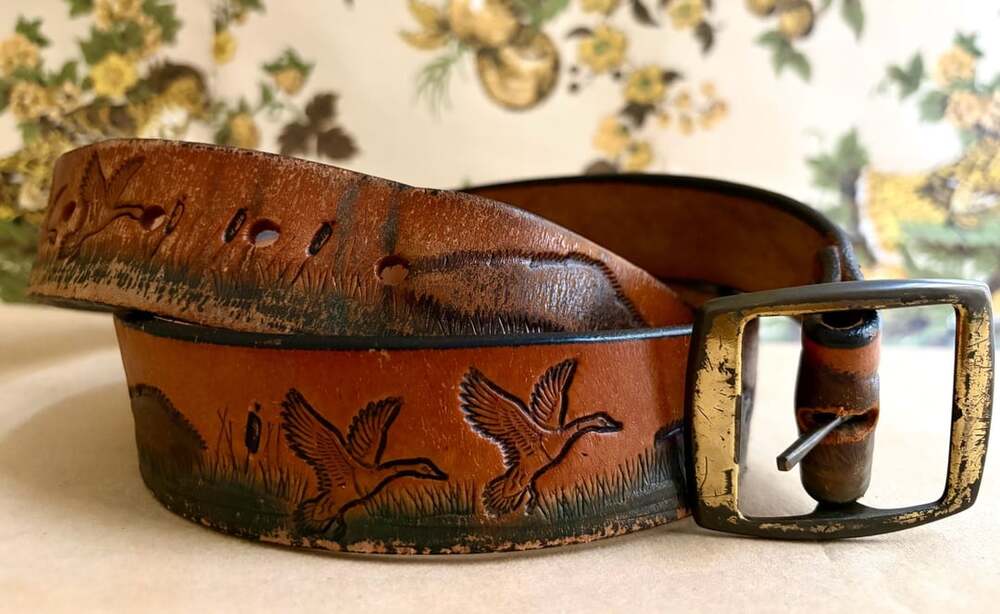 Vintage Hand Tooled Leather Belt Duck Wildlife Brown Brass Buckle